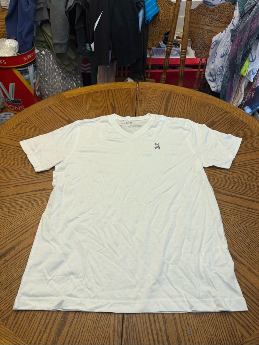 Psycho Bunny White V-Neck Tee with Small Embroidered Bunny
